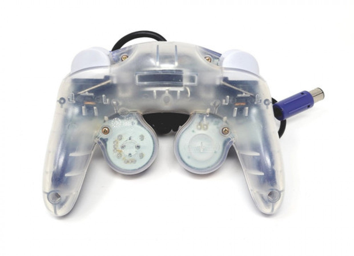 Back view of original clear and indigo Nintendo GameCube controller wired gaming pad