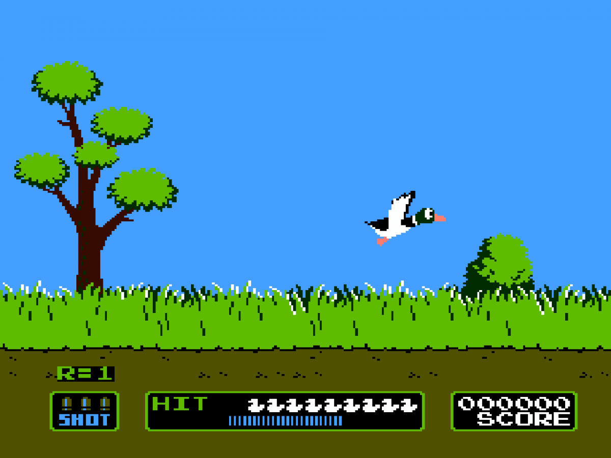 Super Mario Bros Duck Hunt game for the Nintendo Entertainment System featuring a combo cartridge with side scrolling platformer gameplay in Super Mario Bros and light gun shooting gameplay in Duck Hunt with classic arcade style mechanics and two player options Duck Hunt gameplay
