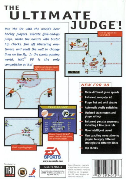 NHL 98 back cover art for Sega Genesis (GEN) video game