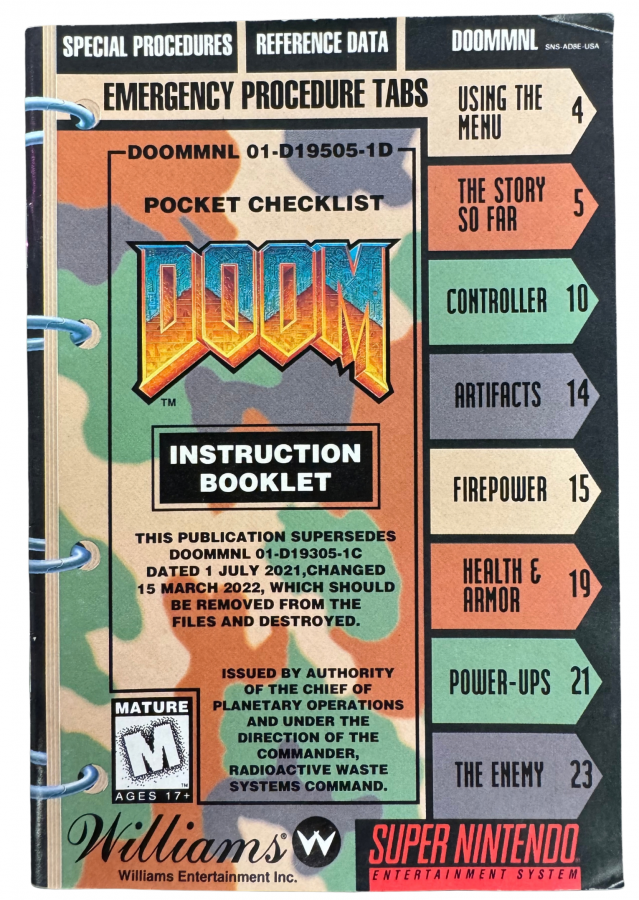 Doom Super Nintendo Entertainment System SNES video game Complete In Box CIB featuring first person shooter gameplay demon battles weapon combat dark environments challenging levels enemy encounters fast paced action and classic 16 bit Nintendo gameplay retro video game collection collectible gaming appeal manual 
