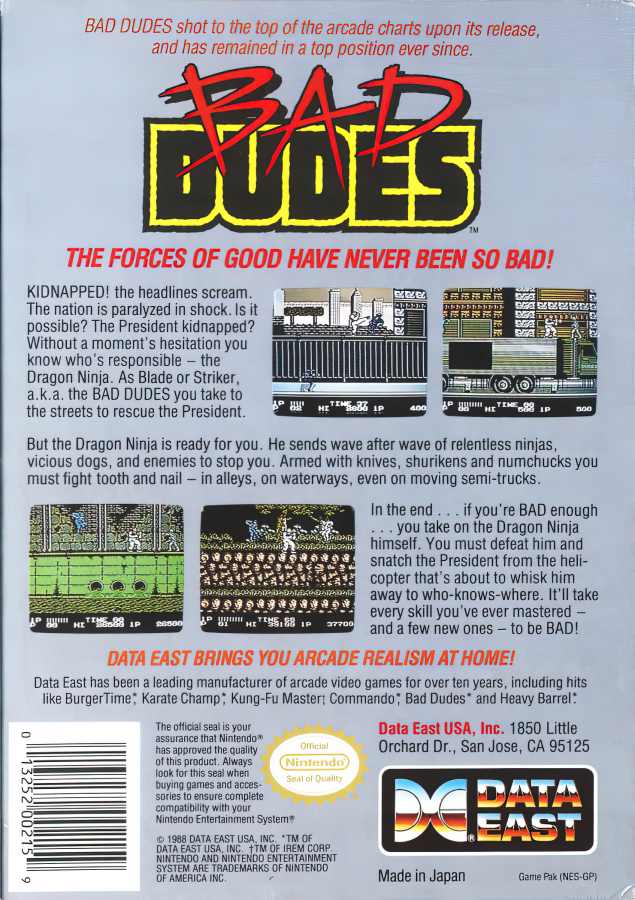 Bad Dudes retro NES video game Bad Dudes side scrolling beat em up action combat arcade style fighting cooperative gameplay classic console title Nintendo Entertainment System release back of case