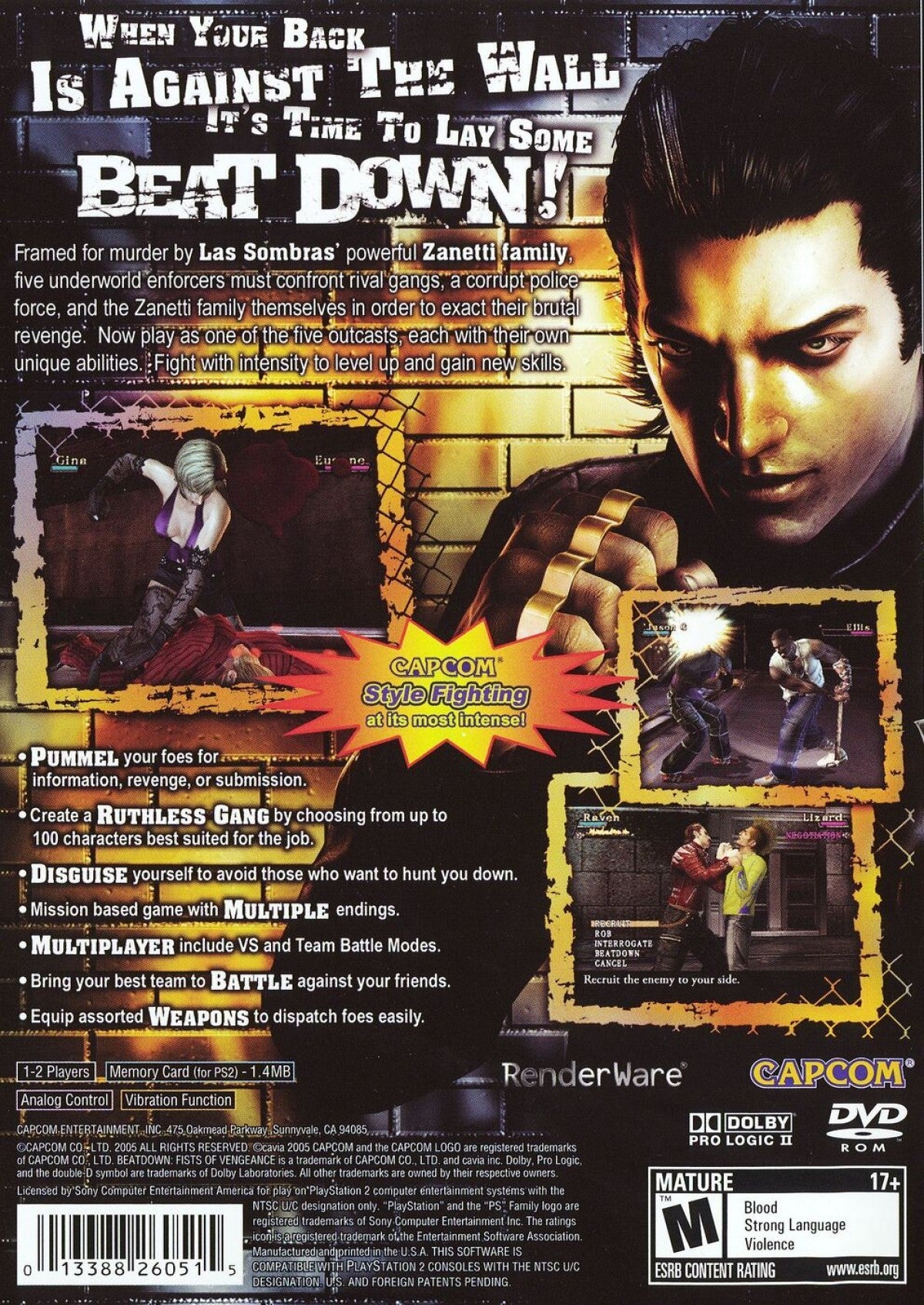 Beat Down: Fists of Vengeance for PlayStation 2 with gritty urban brawler theme back cover art