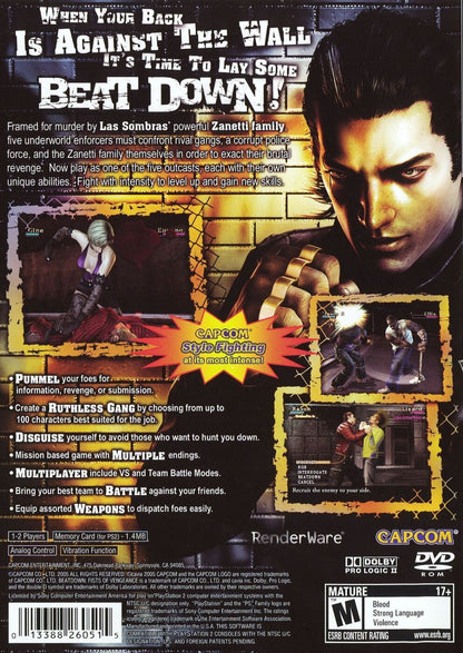 Beat Down: Fists of Vengeance for PlayStation 2 with gritty urban brawler theme back cover art