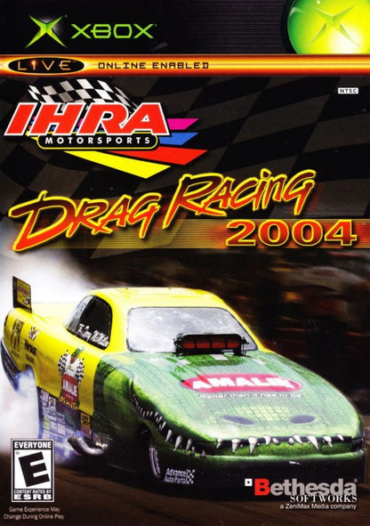 Cover of IHRA Drag Racing 2004 game for Xbox with a yellow and green race car.