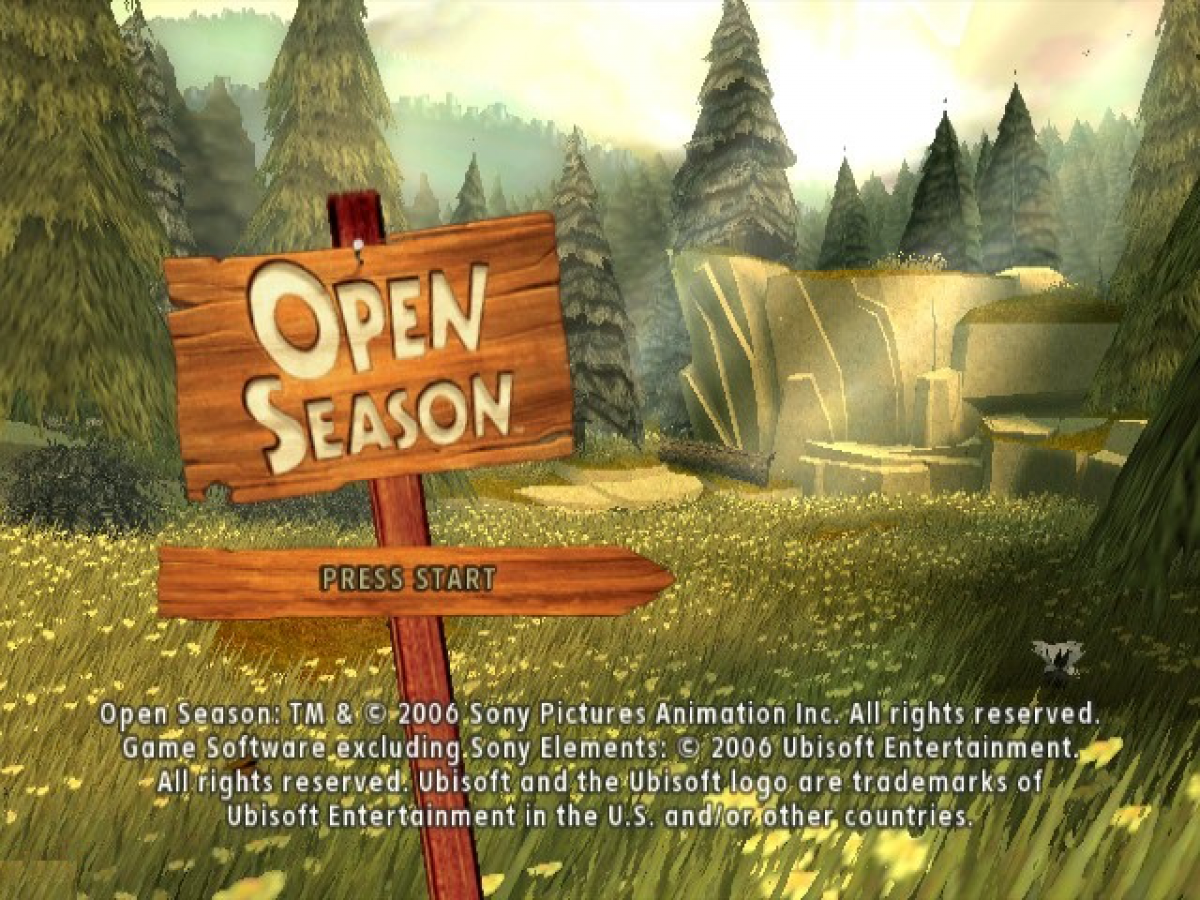 Open Season title screen for GameCube game featuring family-friendly action adventure gameplay based on the animated movie