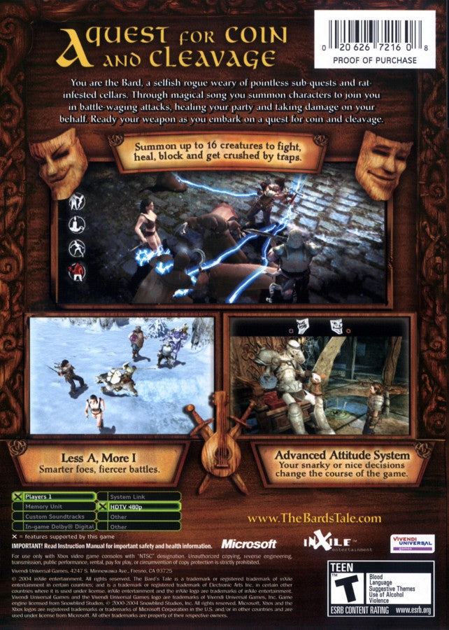 The Bards Tale retro Xbox video game The Bards Tale fantasy action role playing adventure humorous storytelling dungeon exploration hack and slash RPG console title Xbox release back of case