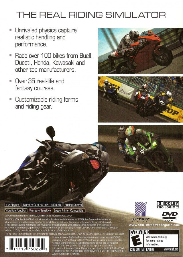 Tourist Trophy – PlayStation 2 (PS2) video game back of case, motorcycle racing simulation.