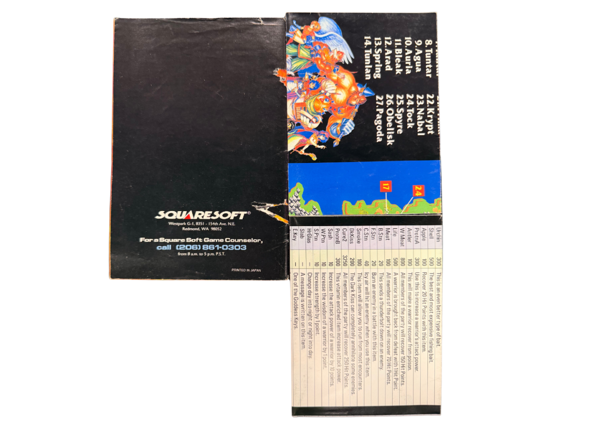 Breath of Fire Super Nintendo Entertainment System SNES retro video game role playing adventure featuring dragon transformations turn based combat fantasy characters exploration magical abilities challenging battles classic 16 bit graphics Super Nintendo gaming experience retro game collection appeal back of manuals and maps