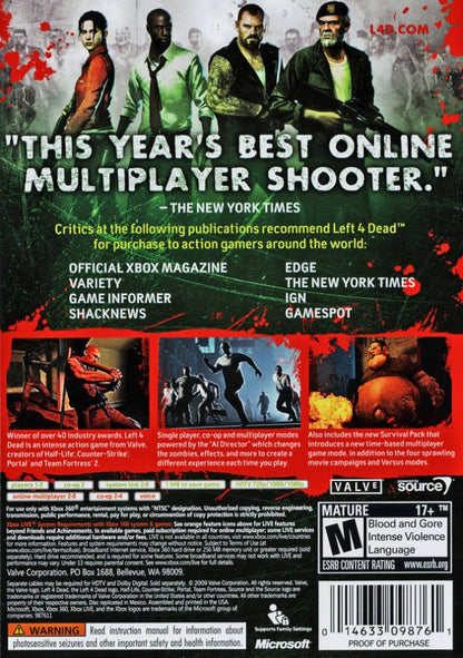 Left 4 Dead [Game of the Year][Platinum Hits] back cover art for Xbox 360 (X360) cooperative zombie survival first-person shooter video game