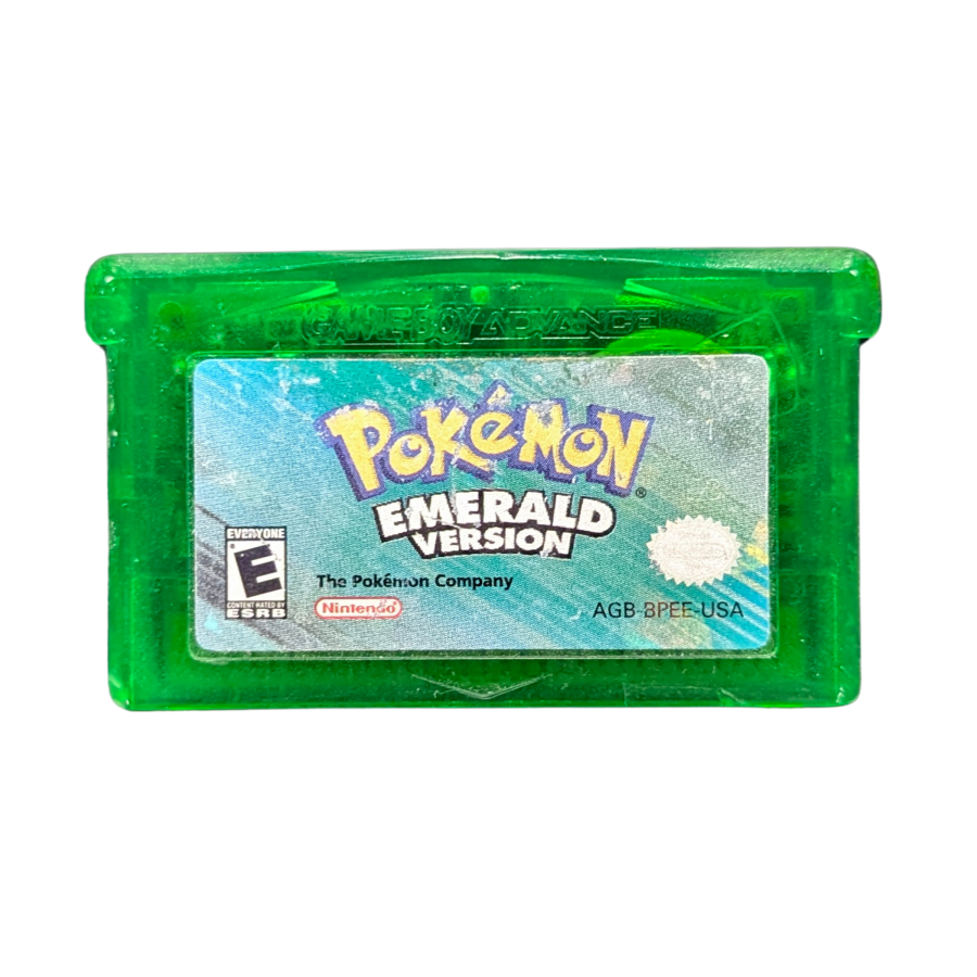 Pokemon Emerald CIB Game Boy Advance GBA RPG adventure game featuring Hoenn region exploration turn based battles Pokemon catching training legendary Rayquaza Battle Frontier complete in box collectible retro video game collection gaming appeal front of cartridge