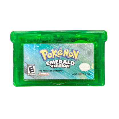 Pokemon Emerald CIB Game Boy Advance GBA RPG adventure game featuring Hoenn region exploration turn based battles Pokemon catching training legendary Rayquaza Battle Frontier complete in box collectible retro video game collection gaming appeal front of cartridge