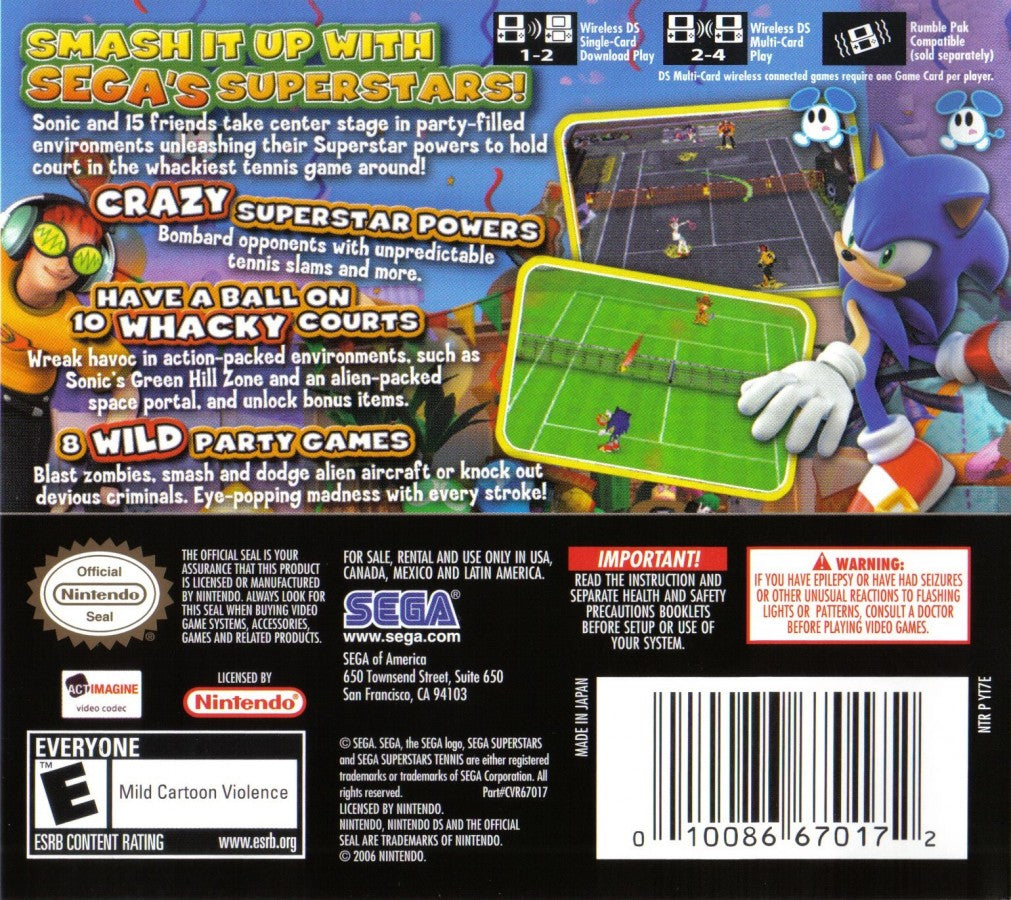 Sega Superstars Tennis Nintendo DS video game featuring arcade style tennis gameplay iconic Sega characters multiplayer modes mini games and family friendly sports action on handheld console back cover