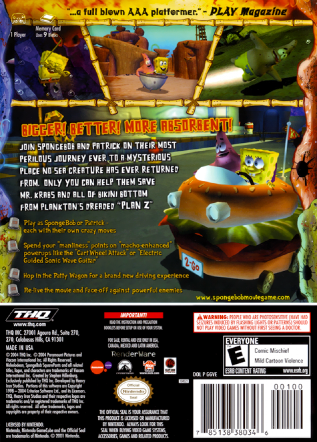 The SpongeBob SquarePants Movie back of case for Nintendo GameCube (GC) platforming adventure video game