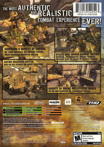 Full Spectrum Warrior: Ten Hammers back cover art for Xbox (XBOX) video game