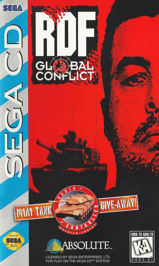 RDF Global Conflict Sega CD full motion video FMV military strategy shooter futuristic war setting live action cutscenes tactical combat missions sci fi armored vehicle gameplay interactive movie style retro gaming Sega CD software video game title cover art