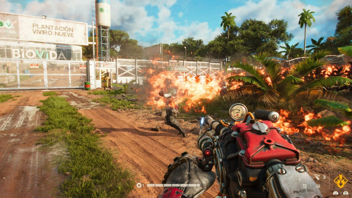 Far Cry 6 for Xbox Series X (XSX) at Gamers INC, featuring the explosive open-world revolution set in the tropical paradise of Yara, where you play as Dani Rojas fighting to liberate your nation from the iron-fisted rule of dictator Antón Castillo, utilizing "Resolver" makeshift weaponry, a menagerie of animal companions, and seamless co-op in a sprawling guerrilla warfare experience optimized with 4K resolution and 60fps performance gameplay screenshot