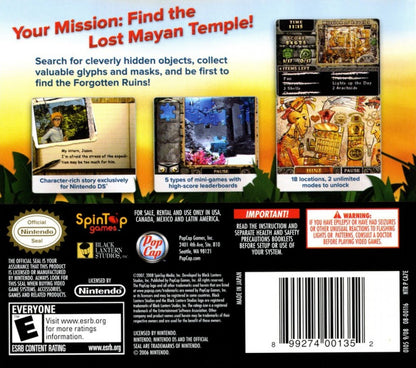 Amazing Adventures The Forgotten Ruins Nintendo DS for puzzle adventure video game fans featuring hidden object gameplay ancient ruins exploration artifact discovery challenging puzzles touch screen controls mystery solving exotic locations brain teasing challenges collectible gaming appeal back cover art
