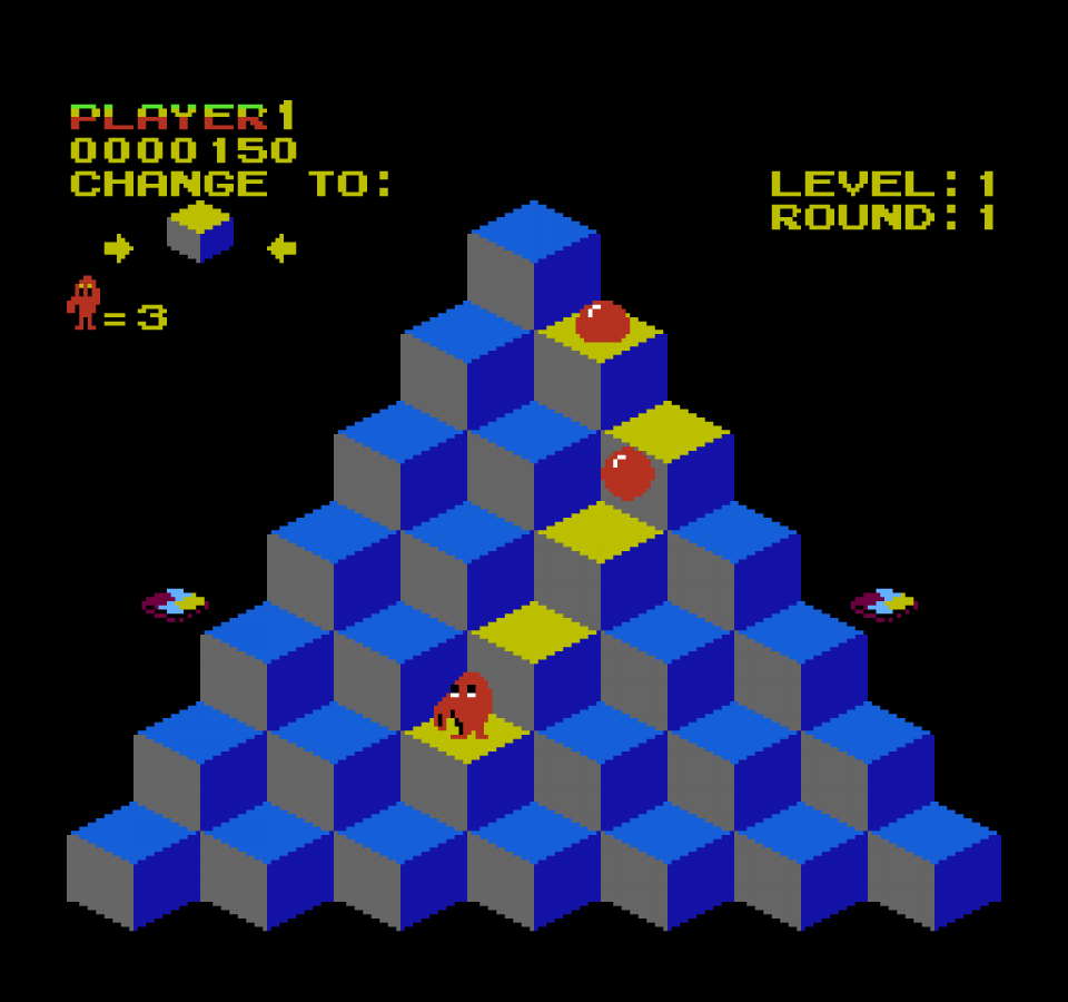 Q*bert cartridge for the Nintendo Entertainment System featuring 8 bit arcade puzzle action with isometric hopping gameplay changing cube colors while avoiding enemies and obstacles gameplay 