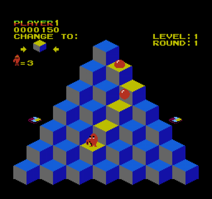 Q*bert cartridge for the Nintendo Entertainment System featuring 8 bit arcade puzzle action with isometric hopping gameplay changing cube colors while avoiding enemies and obstacles gameplay 
