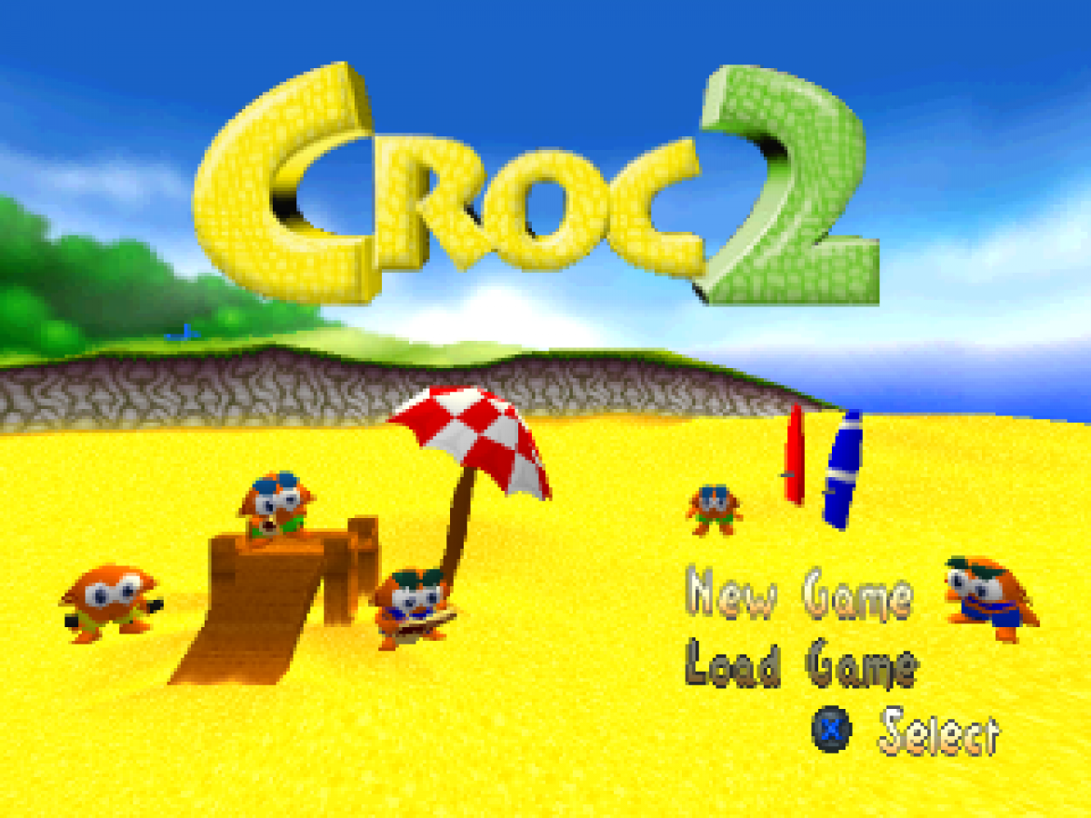 Croc 2 game for the PlayStation featuring 3D platforming gameplay with exploration puzzle solving collectible items and colorful levels as Croc embarks on a quest to rescue Gobbos and battle enemies across varied worlds gameplay  