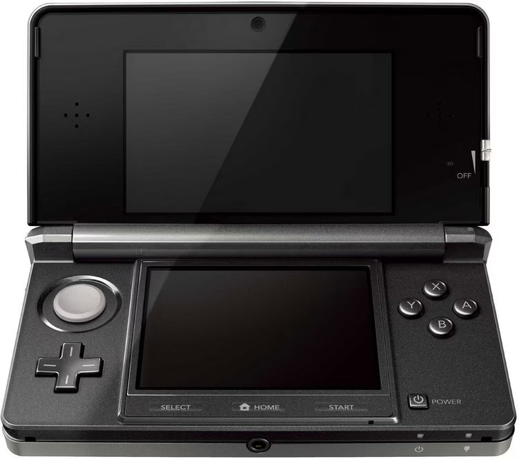 Nintendo 3DS Cosmo Black inspired design featuring sleek handheld gaming console aesthetic glossy black finish dual screen portable gameplay glasses free 3D technology iconic Nintendo hardware immersive gaming experience presentation front open