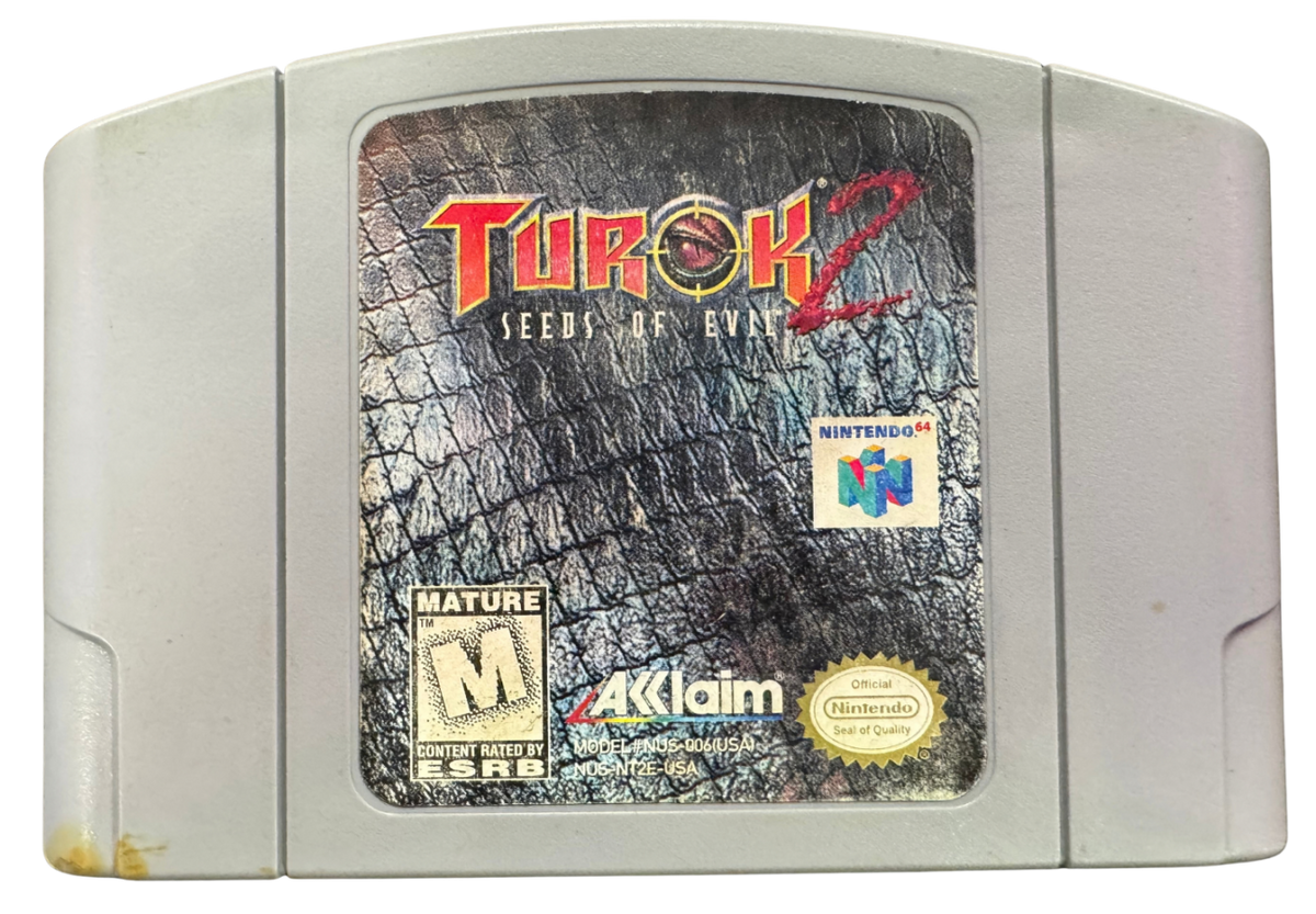 Turok 2 Seeds of Evil Gray Cart Missing Manual Nintendo 64 N64 video game featuring first person shooter gameplay Turok dinosaur hunting action weapon combat prehistoric environments enemy battles challenging missions boss fights and classic 64 bit Nintendo gameplay retro video game collection collectible gaming appeal cartridge front