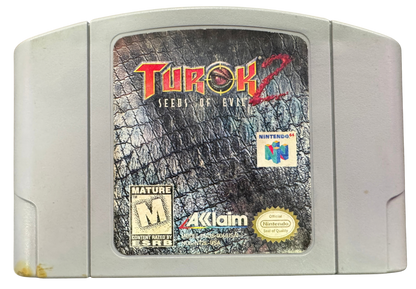 Turok 2 Seeds of Evil Gray Cart Missing Manual Nintendo 64 N64 video game featuring first person shooter gameplay Turok dinosaur hunting action weapon combat prehistoric environments enemy battles challenging missions boss fights and classic 64 bit Nintendo gameplay retro video game collection collectible gaming appeal cartridge front