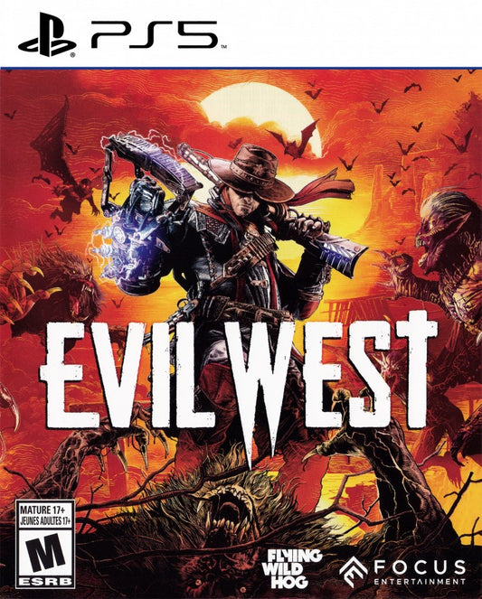 Evil West PlayStation 5 third-person action vampire hunting supernatural Wild West setting brutal combat gadgets co-op mode Focus Entertainment font cover