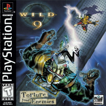 Wild 9 PS1 PlayStation 1 action platformer game sci fi puzzle combat whip based gameplay retro video game cover art