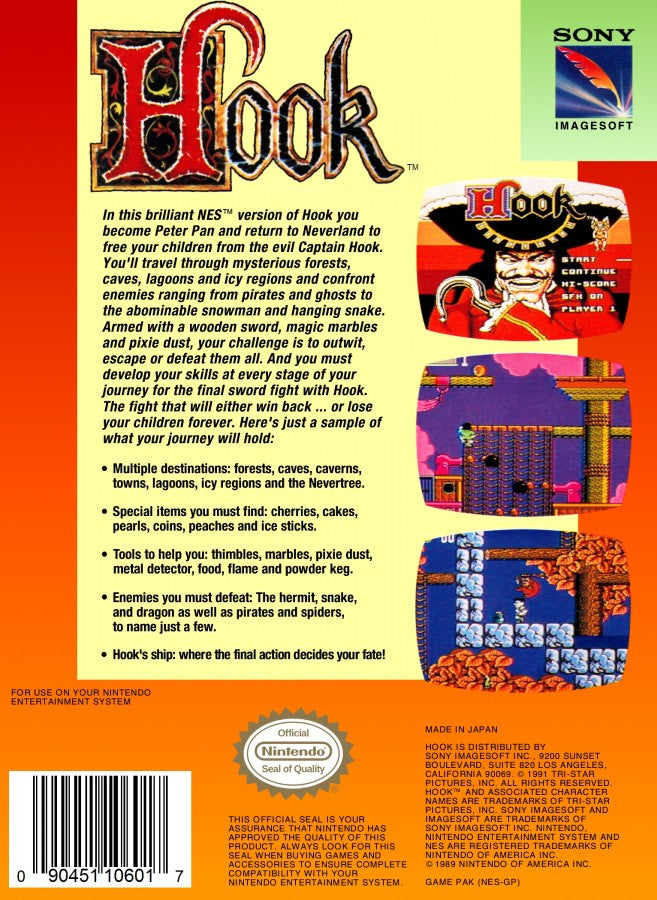 Hook NES Nintendo Entertainment System action platformer movie tie in Peter Pan Captain Hook side scrolling gameplay sword combat platforming adventure Sony Imagesoft retro 8 bit gaming cartridge video game title back cover art 
