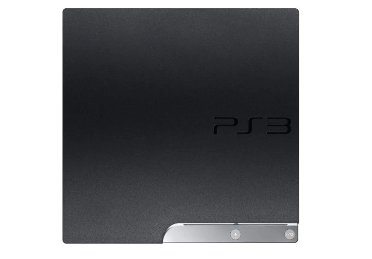 Direct top down view of a Sony PS3 Slim console showing the curved top surface and logo.