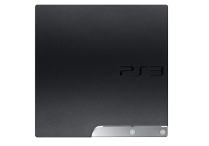 Direct top down view of a Sony PS3 Slim console showing the curved top surface and logo.
