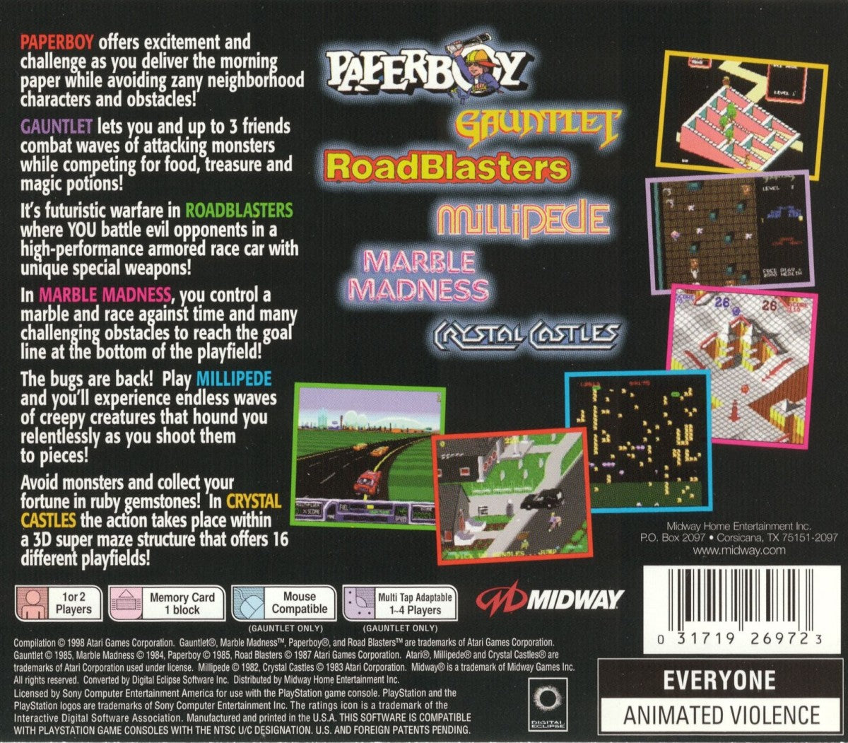Arcade’s Greatest Hits Atari Collection 2 PlayStation 1 PS1 video game, classic arcade compilation, retro Atari games collection, vintage console title back cover