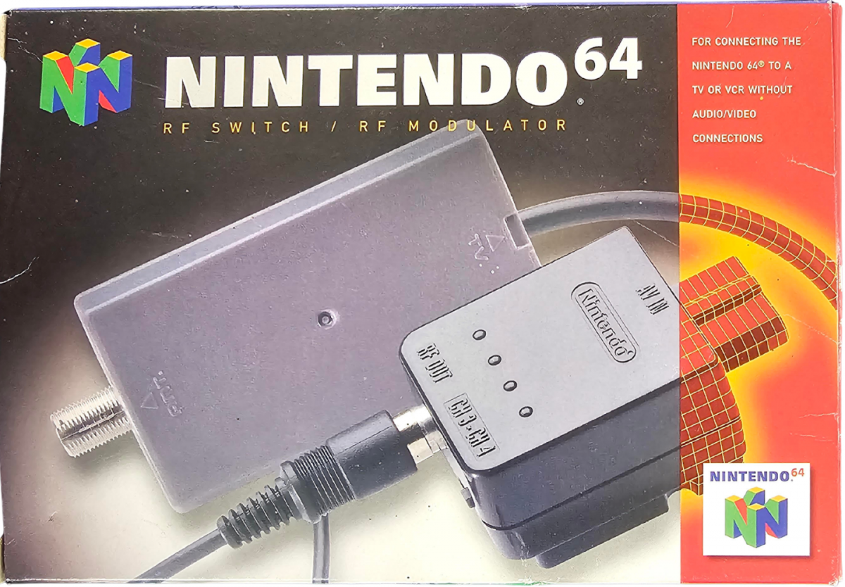 RF Switch CIB Nintendo 64 N64 accessory featuring television connection support for Nintendo 64 console RF switch hardware classic gaming setup compatible Nintendo 64 systems complete in box retro video game accessory N64 collection collectible gaming hardware appeal front box art