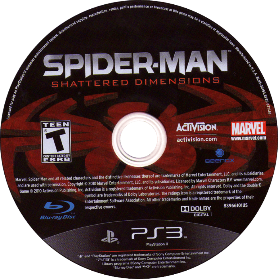 Spider-Man Shattered Dimensions PlayStation 3 action beat 'em up video game four Spider-Men universes Amazing Noir 2099 Ultimate Noir stealth Amazing brawler 2099 sci-fi Ultimate black suit collectibles boss battles disc art