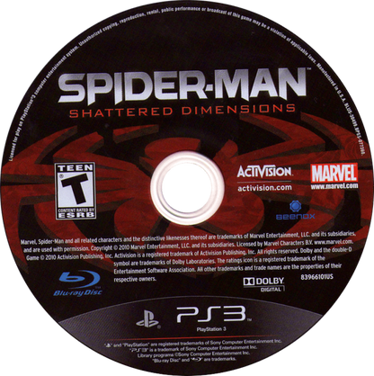 Spider-Man Shattered Dimensions PlayStation 3 action beat 'em up video game four Spider-Men universes Amazing Noir 2099 Ultimate Noir stealth Amazing brawler 2099 sci-fi Ultimate black suit collectibles boss battles disc art