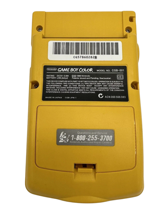 Back view of a yellow Nintendo Game Boy Color handheld console showing battery cover and cartridge slot.