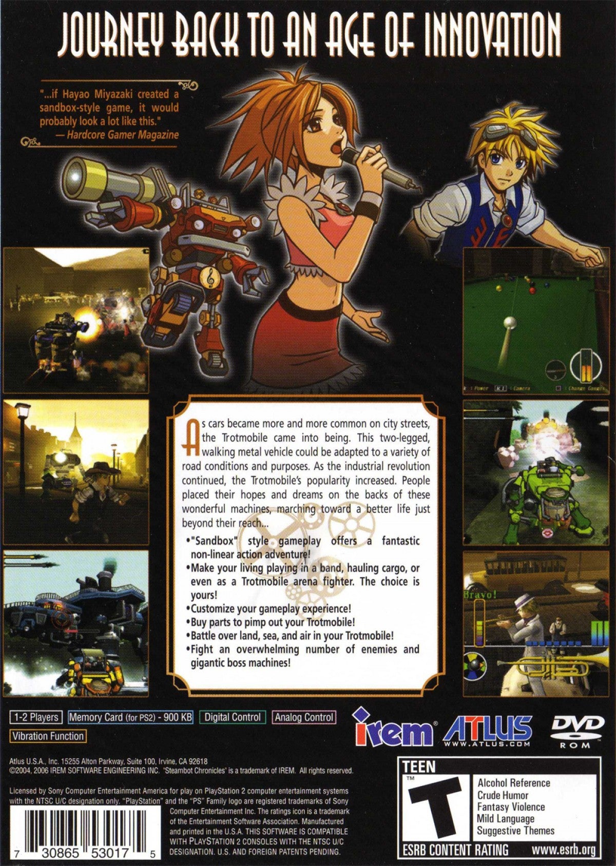 Steambot Chronicles PS2 Sony PlayStation 2 action adventure RPG sandbox gameplay mech combat trotmobile customization open world exploration music rhythm elements story driven Irem unique gameplay PlayStation 2 software video game title back cover art