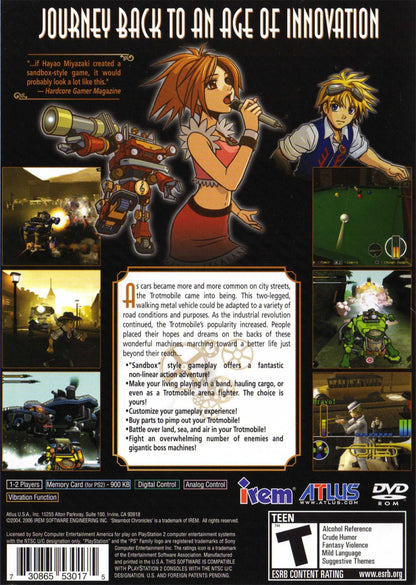 Steambot Chronicles PS2 Sony PlayStation 2 action adventure RPG sandbox gameplay mech combat trotmobile customization open world exploration music rhythm elements story driven Irem unique gameplay PlayStation 2 software video game title back cover art