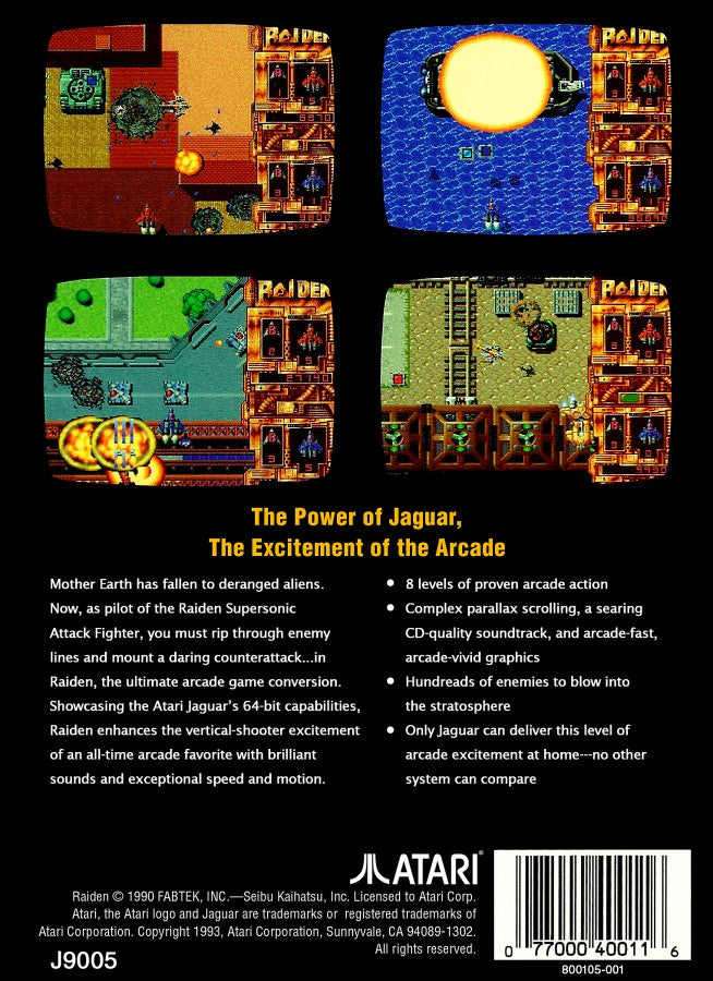 Raiden Atari Jaguar JAG for vertical shoot em up video game fans featuring fighter aircraft space combat enemy waves powerful weapons power ups weapon upgrades challenging scrolling stages massive boss battles intense arcade action and classic Atari Jaguar gameplay collectible retro gaming appeal back cover art