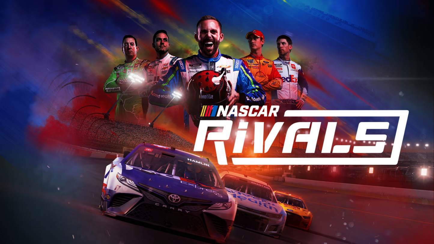 NASCAR Rivals Nintendo Switch inspired design featuring official stock car racing simulation aesthetic high speed oval track competition authentic NASCAR teams and drivers intense multiplayer action championship season gameplay realistic motorsports excitement and immersive racing presentation title screen
