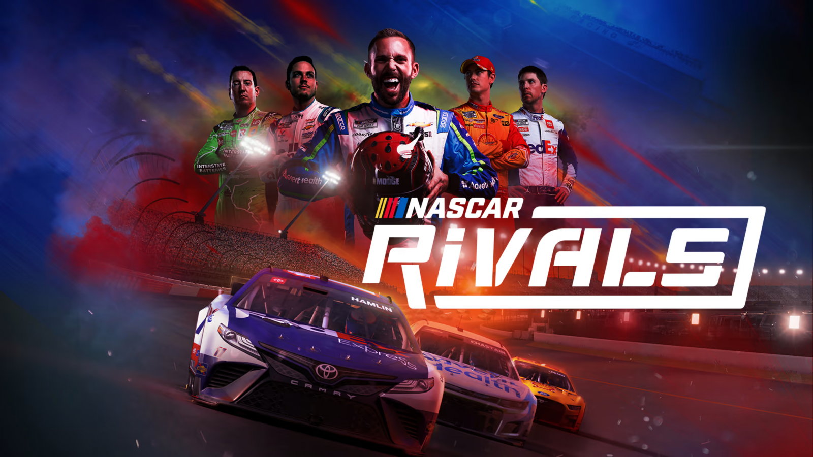 NASCAR Rivals Nintendo Switch inspired design featuring official stock car racing simulation aesthetic high speed oval track competition authentic NASCAR teams and drivers intense multiplayer action championship season gameplay realistic motorsports excitement and immersive racing presentation title screen