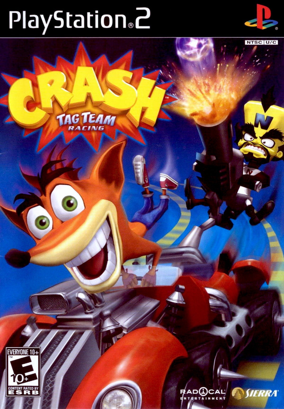 Crash Tag Team Racing for PlayStation 2 (PS2) featuring the hilarious fusion of high-speed racing and platforming adventure where you can "clash" your vehicle with an opponent's to create a powerful hybrid turret-car; explore Von Clutch's Motor World on foot, solve puzzles, and collect Power Gems in this wacky, combat-heavy twist on the Crash Bandicoot racing formula front cover
