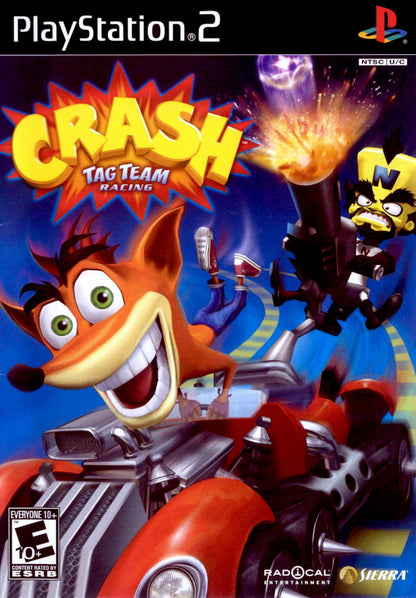 Crash Tag Team Racing for PlayStation 2 (PS2) featuring the hilarious fusion of high-speed racing and platforming adventure where you can "clash" your vehicle with an opponent's to create a powerful hybrid turret-car; explore Von Clutch's Motor World on foot, solve puzzles, and collect Power Gems in this wacky, combat-heavy twist on the Crash Bandicoot racing formula front cover