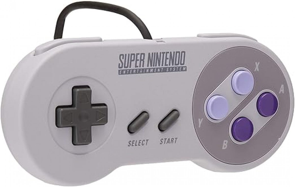 Super Nintendo Entertainment System (SNES) Mini controller featuring a gray body, purple and lavender face buttons, gray D-pad, and rounded ergonomic shape.
