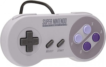 Super Nintendo Entertainment System (SNES) Mini controller featuring a gray body, purple and lavender face buttons, gray D-pad, and rounded ergonomic shape.