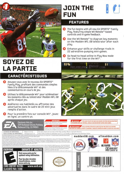 Madden NFL 08 – Nintendo Wii (Wii) American football sports simulation video game back of case