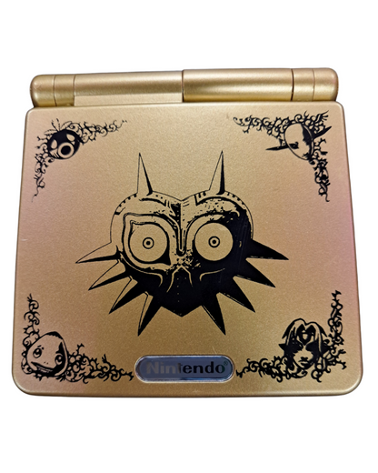 Game Boy Advance SP AGS-101 Custom Majora's Mask Shell Nintendo Game Boy Advance SP handheld console AGS-101 model with backlit screen custom Majora's Mask themed shell clamshell design rechargeable battery portable retro gaming system front closed