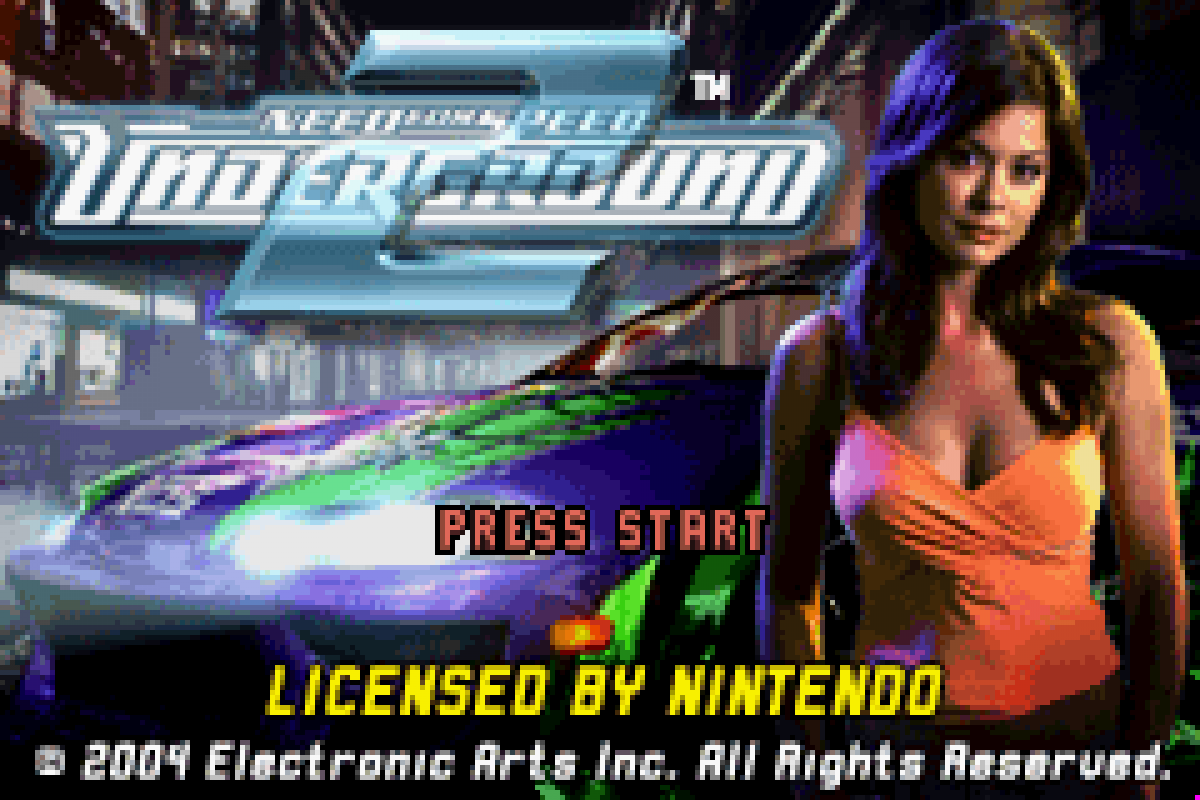 Need for Speed Underground 2 Game Boy Advance GBA video game, racing action, street car customization, handheld console titlescreen
