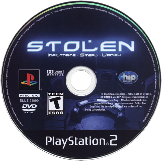 Stolen – PlayStation 2 (PS2) video game disc, stealth action.